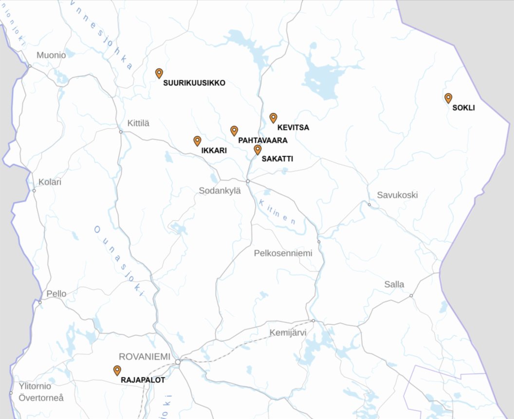 Kartta Tailingerin toimeksiantojen kohteista Lapissa: Suurikuusikko, Kevitsa, Pahtavaara, Ikkari, Sakatti, Sokli ja Rajapalot
